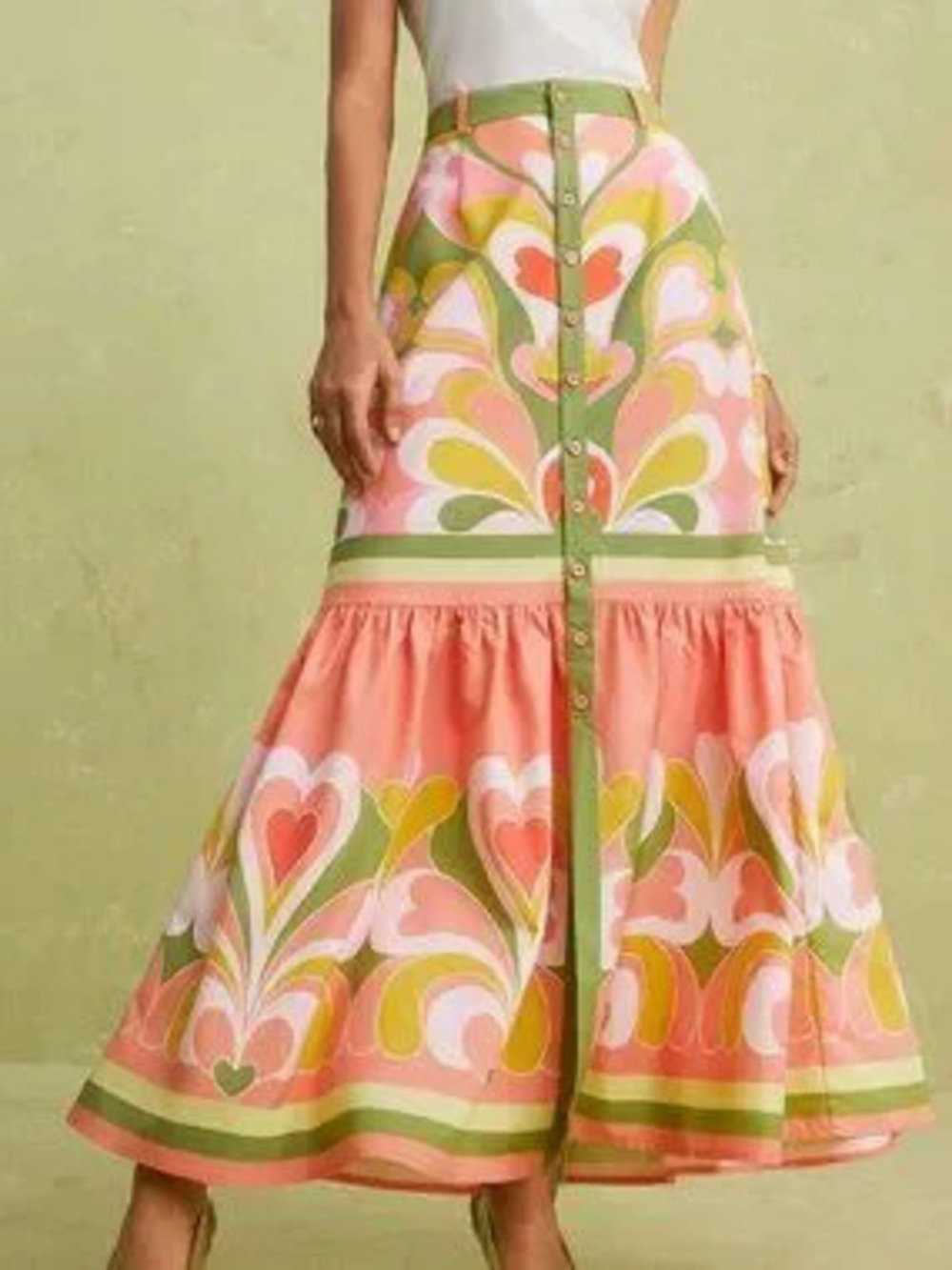 Multicolor Boho Women's Elegant Tea Party Heart Print Front Slit Skirt